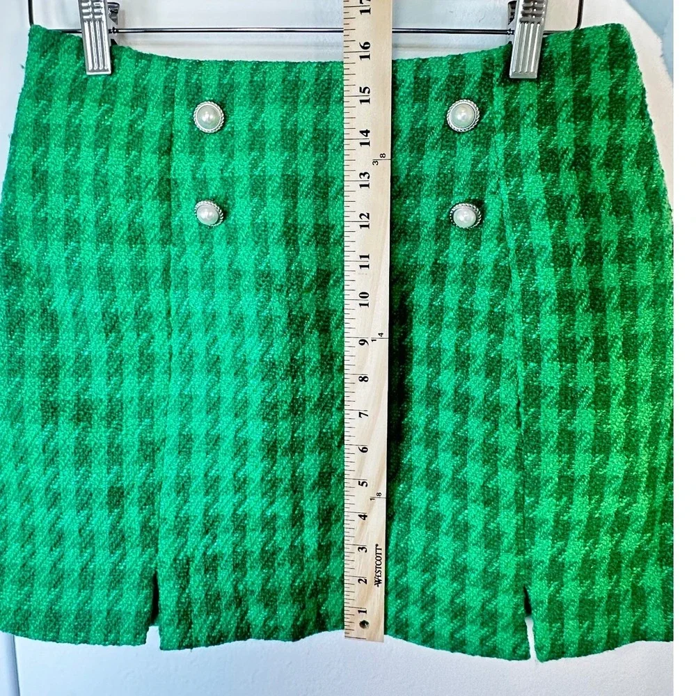Cicy Bell Womens Green Cropped Tweed Blazer Skirt Set Suit M Tweed Houndstooth - Picture 10 of 12